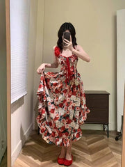 Hnewly Summer Holiday Irregular Design Sleeveless Floral Dress Women Vacation Chiffon Sexy Backless Beach Dress Korean Style Chic