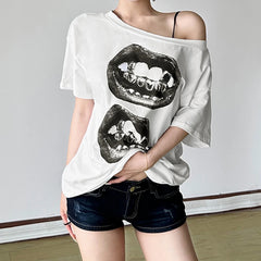 Hnewly Summer Chic Print Loose T-shirt Streetwear y2k Short Sleeve Off-shoulder T Shirt for Women Casual Basic Knit Tee Harajuku