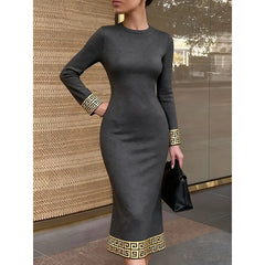 Hnewly Contrast Color Meander Pattern Grey Dresses Women Office Waist Long Sleeve Zipper Back Elegant Bodycon Dress