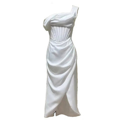 Hnewly Fashion Women Dress Sleeveless Irregular Sloping Shoulders Solid Color Female Party Dresses New Tide