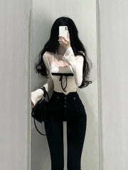 Hnewly Casual Y2k Crop Tops Women 2 Piece Sets Outwear Korean Fashion Clothing Bodycon Slim Tshirts Sexy Blouse Female Spring