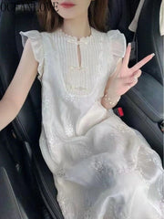 Hnewly Chinese Style Women Dresses Flying Sleeve Vintage Spring Summer Vestidos Mujer Ruffles Elegant Loose Long Dress