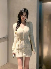 Hnewly DRESS TO IMPRESS French Elegant Slim Knitted Dress Short Party One Piece Dress Korean Fashion Winter Sexy Bodycon Y2k Mini Dress Woman Chic