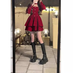 Hnewly Christmas Red Dress Female Hepburn Style Temperament Long Sleeved Slim Velvet French Dress Autumn Winter Sweet Holiday Outfit