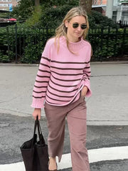 Hnewly Casual Pink Striped Knit Sweater Women Loose O-neck Long Sleeve Female Pullovers Autumn Winter Lady All-match Warm Knitwear