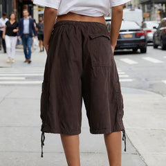 Hnewly American Retro Cargo Bermuda Shorts Loose Knee Length Denim Shorts with Drawstring Y2K Aesthetic Grunge Streetwear Women Jorts