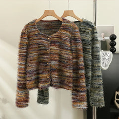 Hnewly Vintage Stripe Long Sleeve Sweater Women Autumn/Winter 2025 New Soft Loose Short Knitted Cardigan O-Neck Single Breasted Top