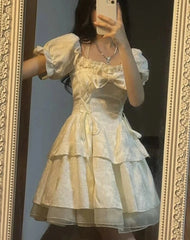 Hnewly DRESS TO IMPRESS Korean Sweet Kawaii Dress Women Summer 2024 White Japanese Cute Party Mini Fairy Dress Bubble Sleeve Casual France Elegant Dress