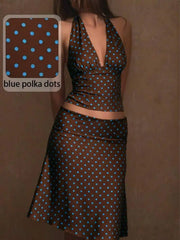 Hnewly Womens Polka Dot Halter Backless 2 Piece Set Summer Party Vacation Outfit