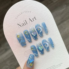 Hnewly 10Pcs Handmade Press on Nails Long Ballet Blue Fake Nails with 3D Ocean Moon Rhinestone Design False Nails Full Cover Nail Tips
