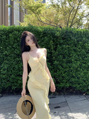 Hnewly Women Dresses Sleeveless Lace Patchwork Ruffles V Neck Slim Backless Holiday Party Dress Female Fashion Sweet Casual