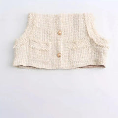 Hnewly Spring Autumn Tweed Vest Jacket Women's 2024 New Fashion Straight Short Top Elegant Raw Edge Sleeveless Chic Street Youth Coat