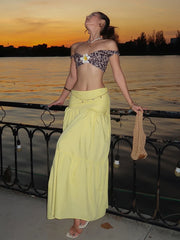 Hnewly Flower 2 Piece Set Women Sexy Backless Leopard Print Slash Neck Tops+Pleated Long Skirts Matching Clubwear Outfits