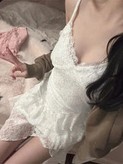 Hnewly 2000s Vintage Y2k Mini Dress Women Casual Sexy Irregular Design Lace Strap Party Dress Bodycon Summer Retro Y2k Fairy Sleeveless