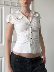 Hnewly Fashion Chic Safari Style Skinny Women Shirts Summer Solid Folds Basic Simple Single Breasted Blouses