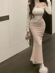 Hnewly Korean style two piece skirt set women's one shoulder knitted sweater spring suspender long Wrap buttocks dress two-piece set Z4