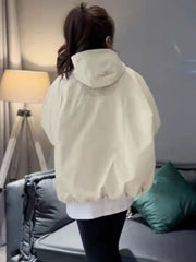 Hnewly Jackets Women Solid Loose Hooded Simple Zippers Spring Leisure Pockets Japanese Style Attractive Creativity Fashion All-match