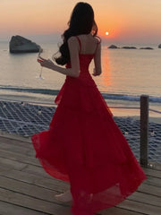 Hnewly Summer Red Womens Dresses Elegant Spaghetti Strap Sleeveless Ruffles Birthday Party Long Dress Holiday Prom A-Line Vestidos New