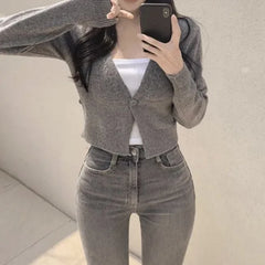 Hnewly y2k Sweaters Women Casual Solid Color V Neck Button Long Sleeve Crop Tops Cardigan Knitwear 2000s Clothing Streetwear