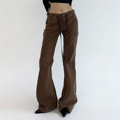 Hnewly Vintage Y2K Chic Brown Low Waisted Flared Jeans Stitched Streetwear Grunge Denim Trousers Korean Boot Cut Pants Slim