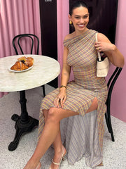 Hnewly Split Summer Dress Women See Through Y2K Plaid Print Inclined Shoulde Waistless Split Irregular Ruched Maxi Bodycon