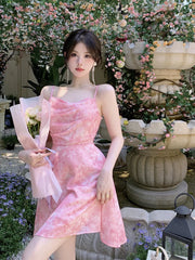 Hnewly Summer Party Midi Elegant Dress Women Strap Sexy Design High Wasit Vintage Casual Dress Sleeveless Chiffon Sweet Dress