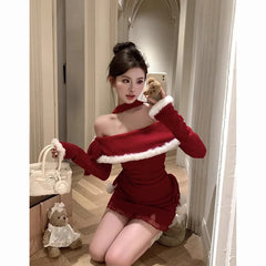 Hnewly Christmas DRESS TO IMPRESS Slash Neck Halter Knitting Dresses Female Autumn Winter Christmas Red Tight Dress Women Clothes Slim Lacing Mini Dress New
