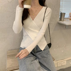 Hnewly Autumn Winter Knitwear Tops Fashion Female Long Sleeve Skinny Elastic Casual V-neck Knitted Shirts Women Pullover Sweaters