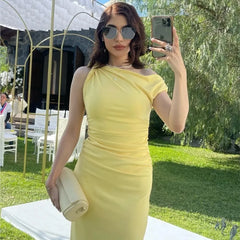 Hnewly Slim Fit Slit Asymmetric Long Dress Fashion Slanted Shoulder Party Dress 2025 New Elegant Chic Yellow Tight Vestidos