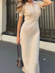 Hnewly Fashion Solid Basic Slim Fit Knitted Women Long Dresses Causal Simple Button Elegant Gentle Office Lady Dresses