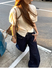 Hnewly Women's Deep Blue Loose Wide Leg Jeans Street Cool Girl High Waist Baggy Pants Female Casual Straight Denim Trousers