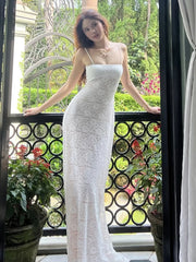 Hnewly See Through Dress Women Backless Sleeveless Cross Lace-Up Spaghetti Strap Sexy Flower Motif Midnight Club Vestidos