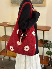 Hnewly New Floral Plush Underarm Bag Ladies Cute Flower Shoulder Bag Women Furry Purse Fluffy Tote Bag for Autumn and Winter