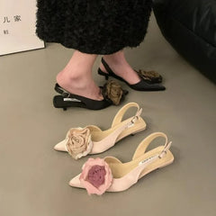 Hnewly New Flower Designer Sandals Women Elegant Satin Mule Shoes Summer Pointed Toe Pumps Low Heel Flowers Slingback Sandals Female