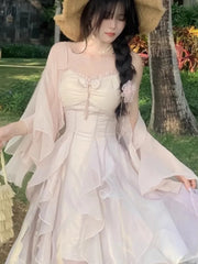 Hnewly Women Trendy Two Ruffle Asymmetrical Fairy Sweet Dresses Sexy V Neck Spaghetti Strap Chic Party Dress Korean Sweet Summer New