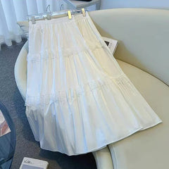 Hnewly Lace Patchwork White Midi Skirts for Women Y2K Loose Elastic High Waist Female Ruffles A Line Skirts Korean Elegant Skirt Mujer