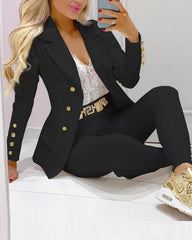 Hnewly Casual Solid Suit Coat Pants Set Office Lady Autumn Fashion Elegant Long Sleeve Top Trousers Two Piece Set Women Outfit