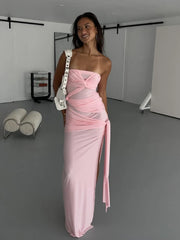 Hnewly Backless Dress Women Ruched Chest Wrap Cross Bandage Sleeveless Tassel Y2K Street Trend Elegant Slits Long Bodycon