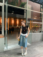 Hnewly Splicing Hem Short Sleeved T-Shirt For Women's Summer Temperament Pleated Top