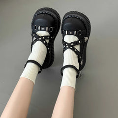 Hnewly Y2K Girls Mary Janes Pumps Buckle Thick Weges Round Toe Platform Shoes Cute Sweet Lolita Classic Brand Pumps