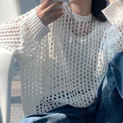 Hnewly Women Mesh Top Oversized Long Sleeve T-shirts Crew Neck Loose Casual Knit Tees See-Through Openwork Knit Top Women Spring Summer
