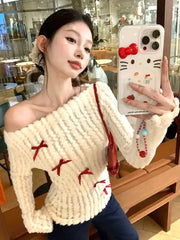 Hnewly Sweet Bow Knitted Pullover Women Off Shoulder Sexy Long Sleeve Sweaters Korean Style Kawaii Autumn Winter Pullovers