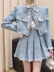 Hnewly Autumn New Tweed Short Jacket Coat and Mini Skirt Two Piece Set for Women Outfits Vintage Tassel High Waist Pletaed Skirt Suits