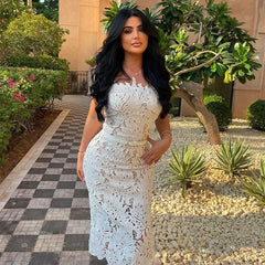 Hnewly Elegant Embroidery Women's Dress Tube Top Slim Hollow Out Lady Party Dresses Autumn Winter Female Holiday Ball Robe New