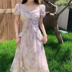 Hnewly French Ruffle Printed Long Dress Square Collar Off Shoulder Fairy Dress Slim Summer Short Sleeve Women Casual Vacation Dress