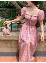 Lunivop Elegant Vintage Floral Midi Dress Women Sweet Puff Sleeve Korean Slim Fairy Dress Female Summer Casual Evening Party Dress