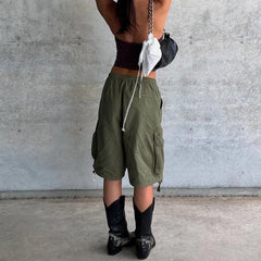 Hnewly Y2K Harajuku Drawstring Jean Shorts Womens Vintage Elastic Waist Baggy Cargo Denim Pants Cyber Grunge Stretch Jorts with Pockets
