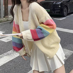 Hnewly Rainbow Striped Knitted Cardigan for Women Teen-girl Cozy Soft Mohair Button Front Sweater Jacket Winter Autumn Y2K Outfit