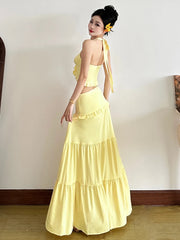 Hnewly Halter Backless 2 Piece Set Women Ruched Elegant Crop Camisole+Elastic Waist Ruffles Long Skirts Street Trend Suits