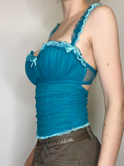 Hnewly Fashion Lace Spliced Dot Prints Skinny Women Camisole Tops Summer Sweet Y2k Backless Bow Blouses